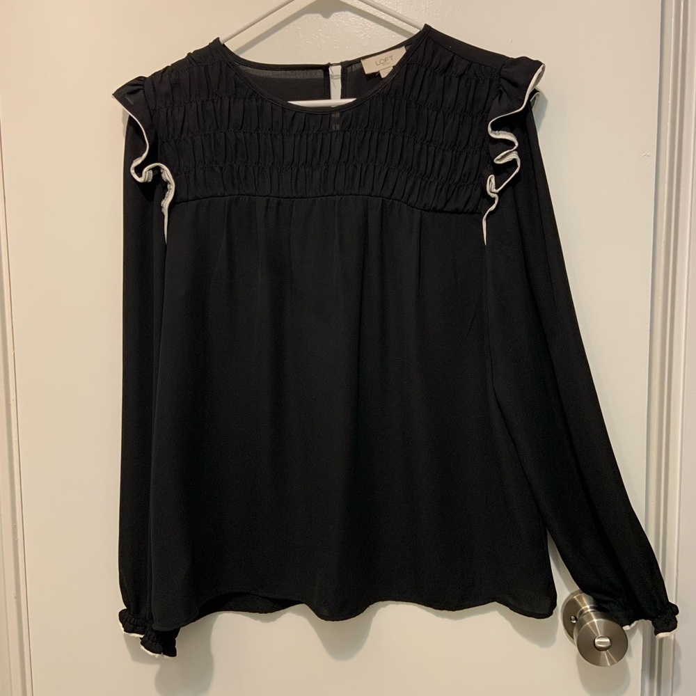 LOFT Black Smocked Ruffle Blouse Size Large - Dark Academia Victorian Style